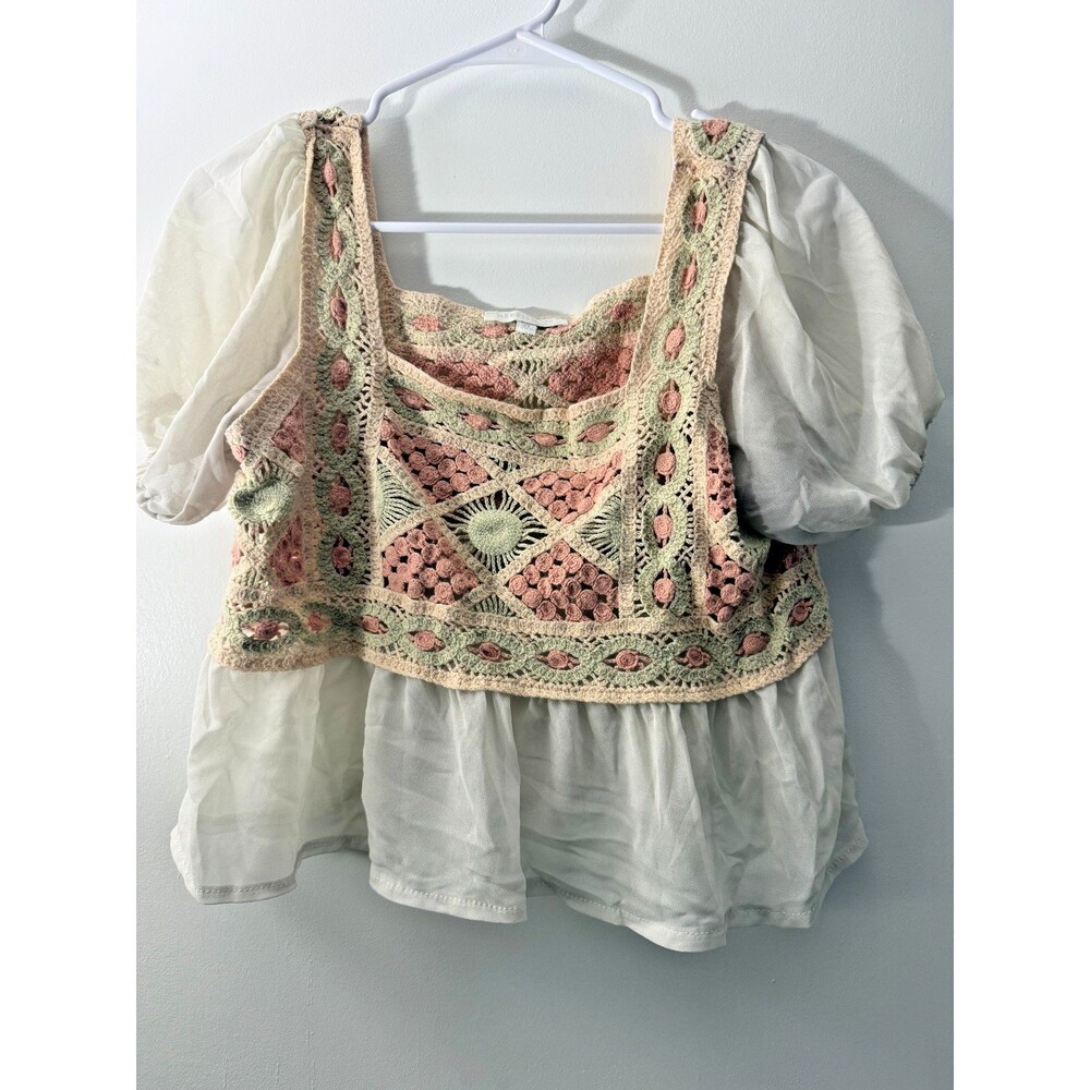 Babydoll Hippie Boho Crochet Top Sheer Women's XL Rebellion Festival Dreamy Soft